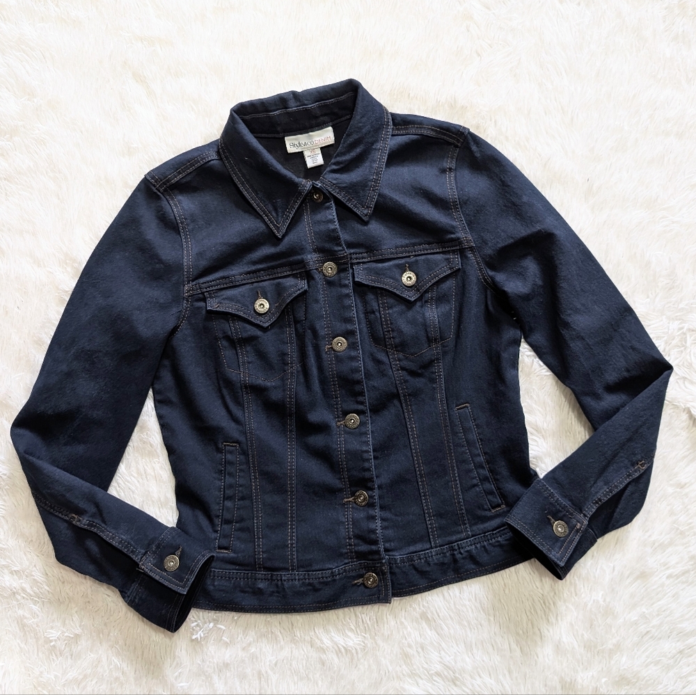 Style&Co Dark Blue Stretch Denim Classic Button Down Jacket With Pockets Size XS